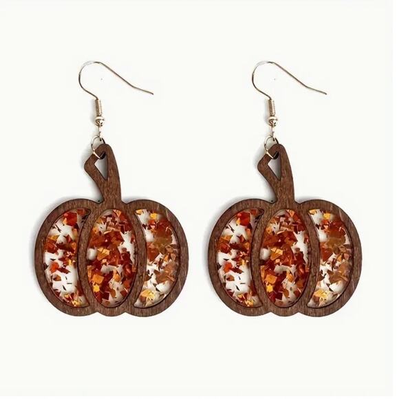 Wooden Glitter Pumpkin Earrings - Picture 1 of 2